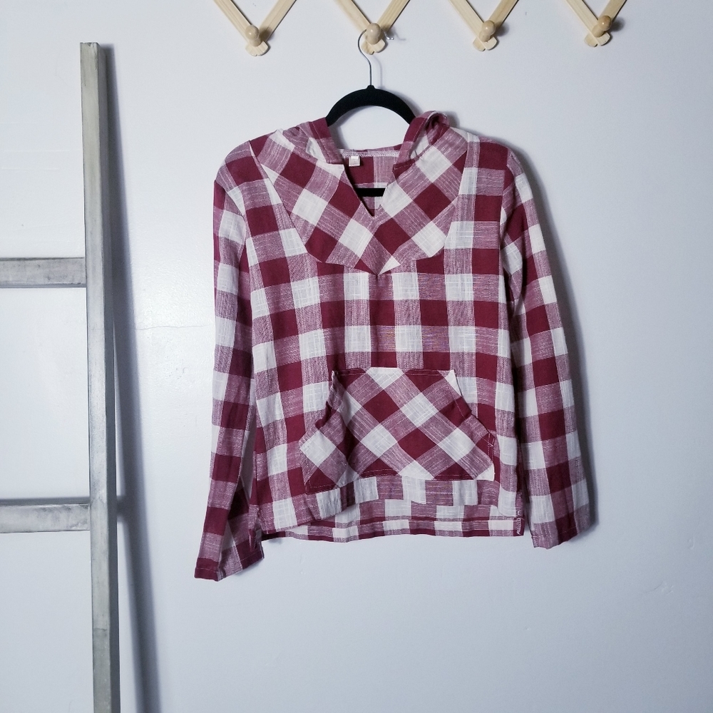 HYX RED AND WHITE BUFFALO CHECK HOODIE WITH KANGAROO POCKET SIZE LARGE